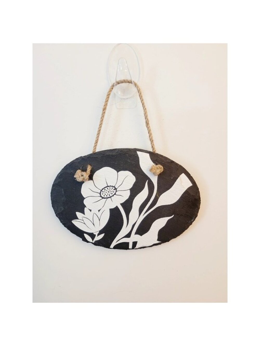 Textured Flowered Stone Hanging Ornament Floral Decor Black White 5.5" w